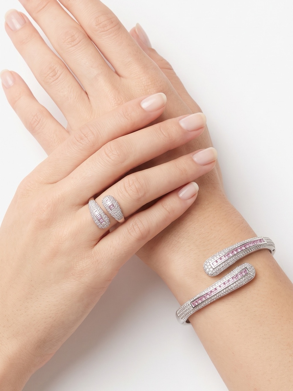 Elegant Pink Sapphire and White CZ Wrap Ring and Bracelet Set